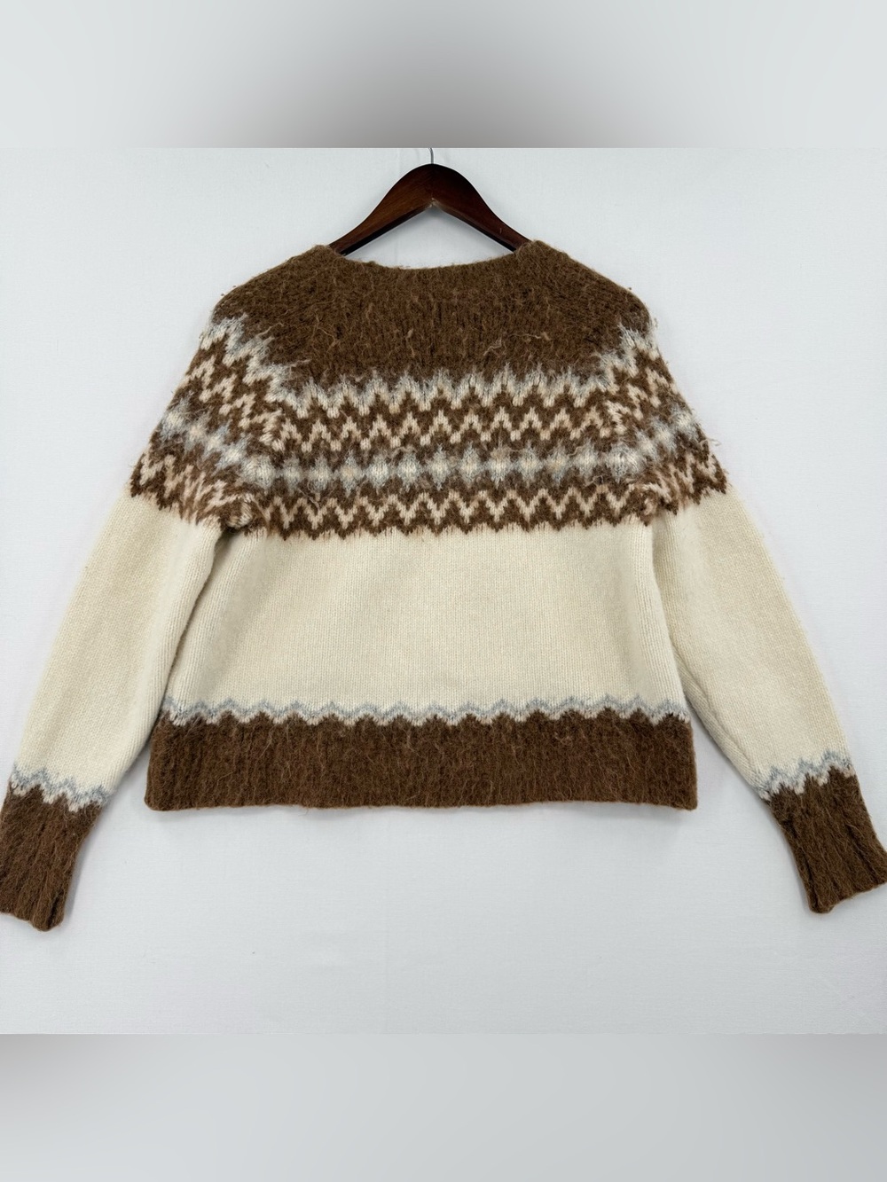 J.Crew Alpaca Wool Blend Fair Isle Sweater Women’s XL Brown Cream Boho Cozy - Picture 7 of 10
